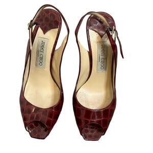Jimmy Choo Patent Snake Embossed Peep Toe Heels Women's Sling Back Red Size 37